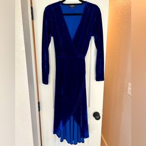 Lulu’s Enchant Me Cobalt Blue Velvet Midi Wrap Dress - Small